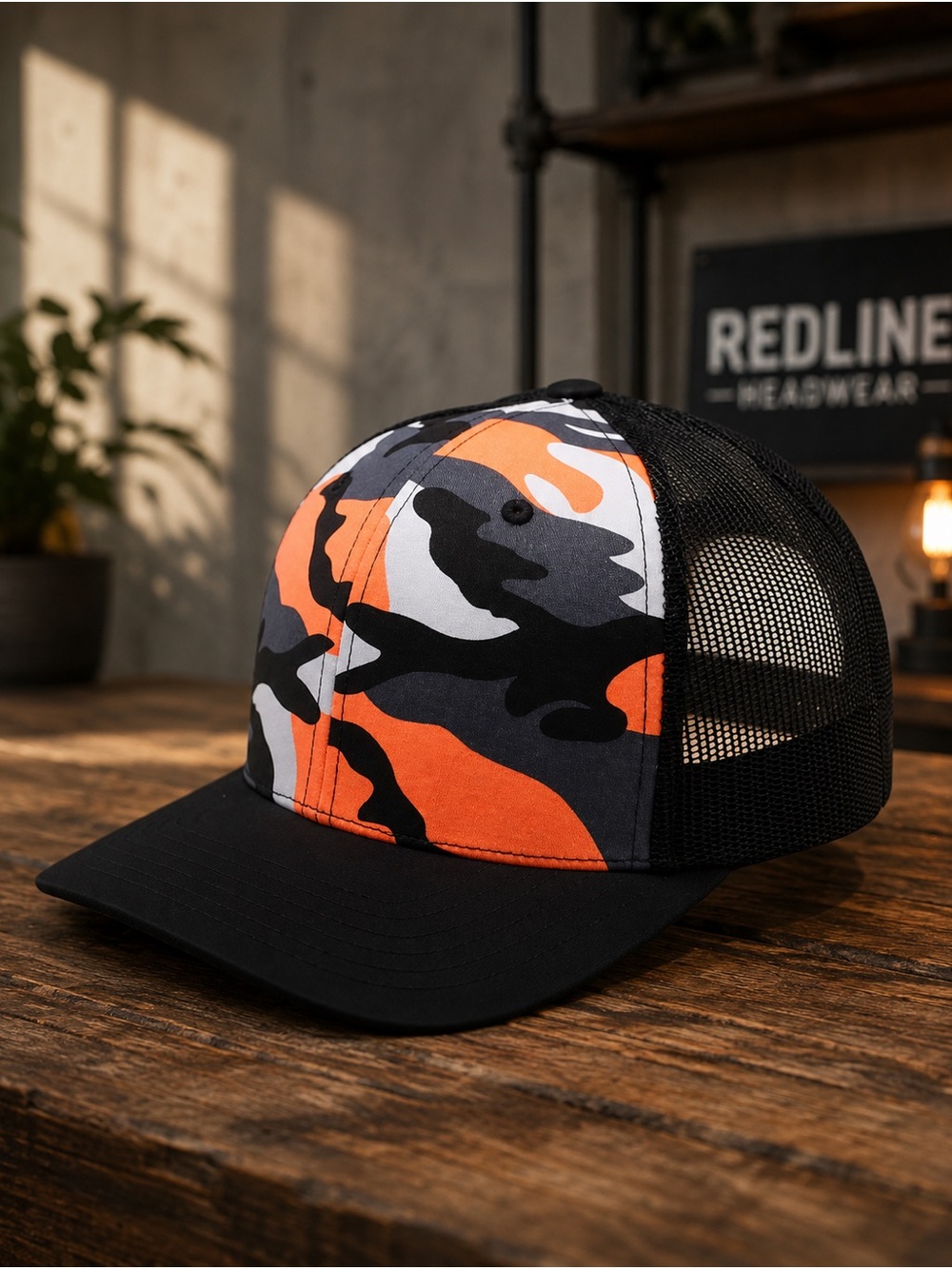Trucker Hat – Orange Camo Mesh Blank Mid Profile 6 Panel Cap